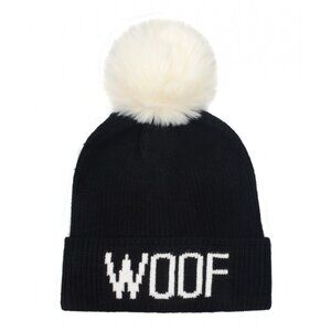Woof Knitted Pom Pom Beanie Hat Statement for Dog Lovers Black NWT